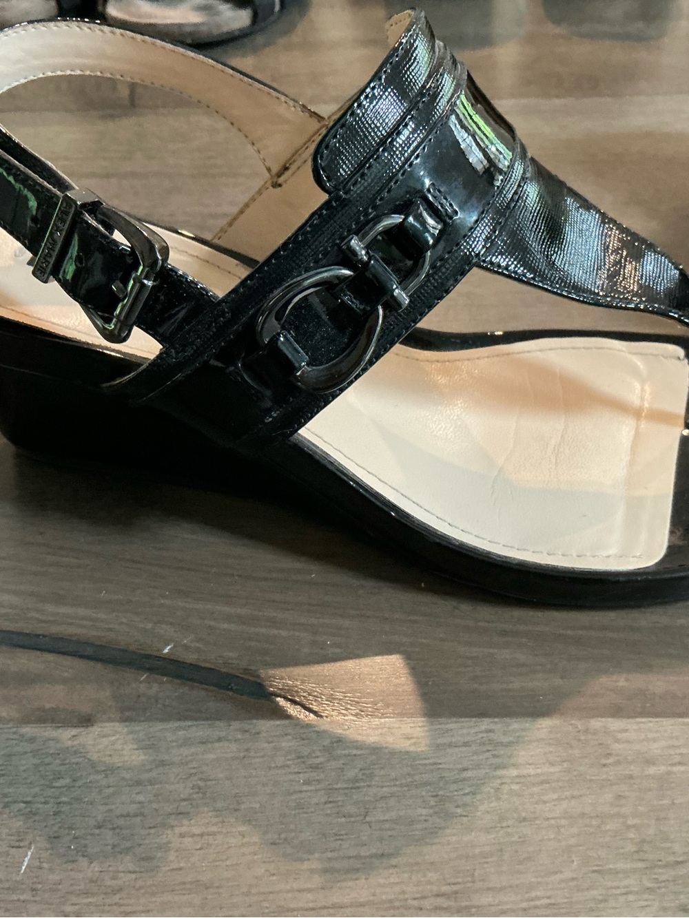 Alex Marie Black Patent Slingback Sandals with Buckle Detail